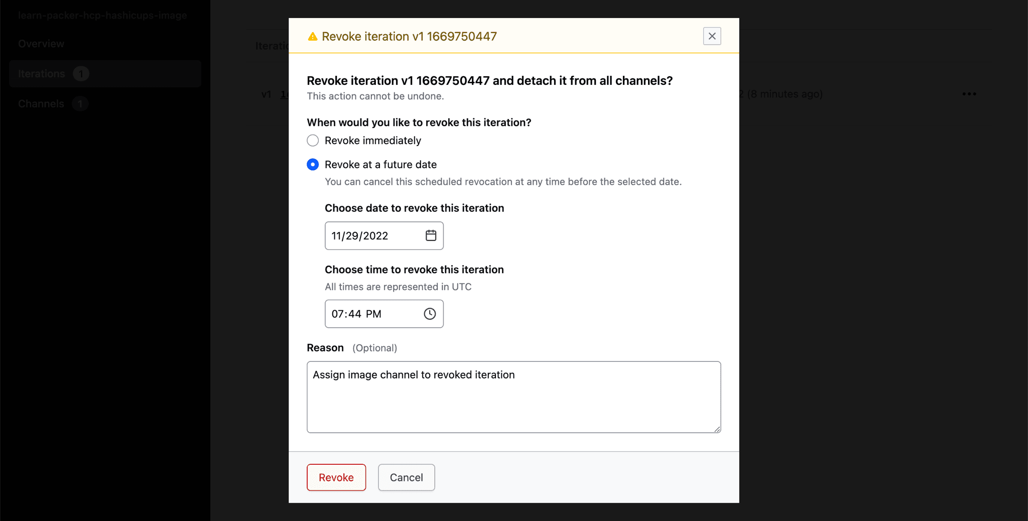 Schedule a revocation for the first version one minute from current time