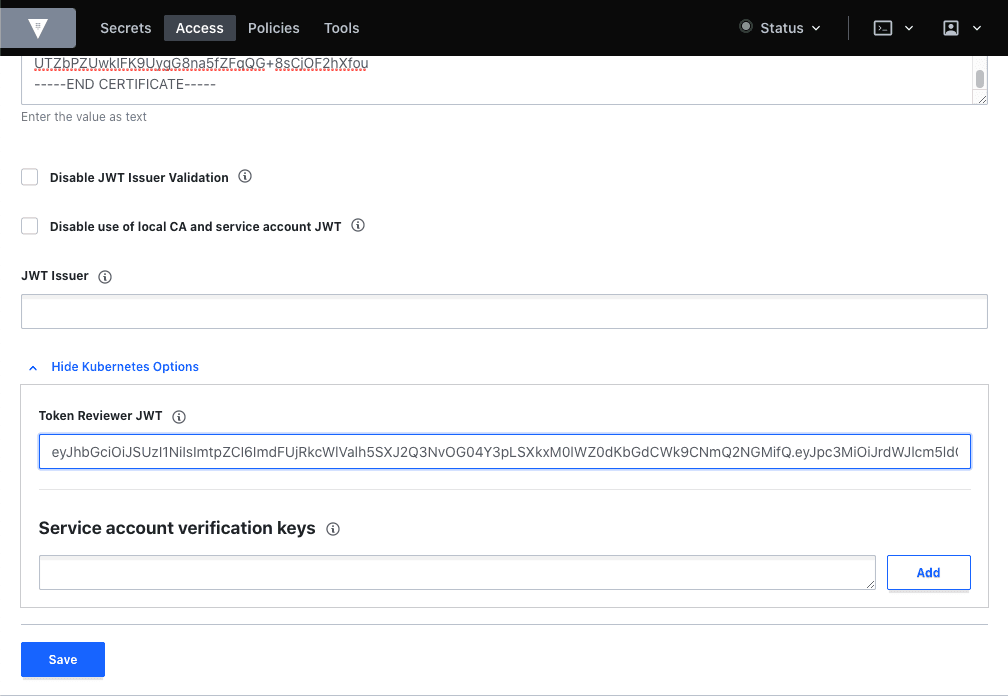 Access - Kubernetes auth config with JWT